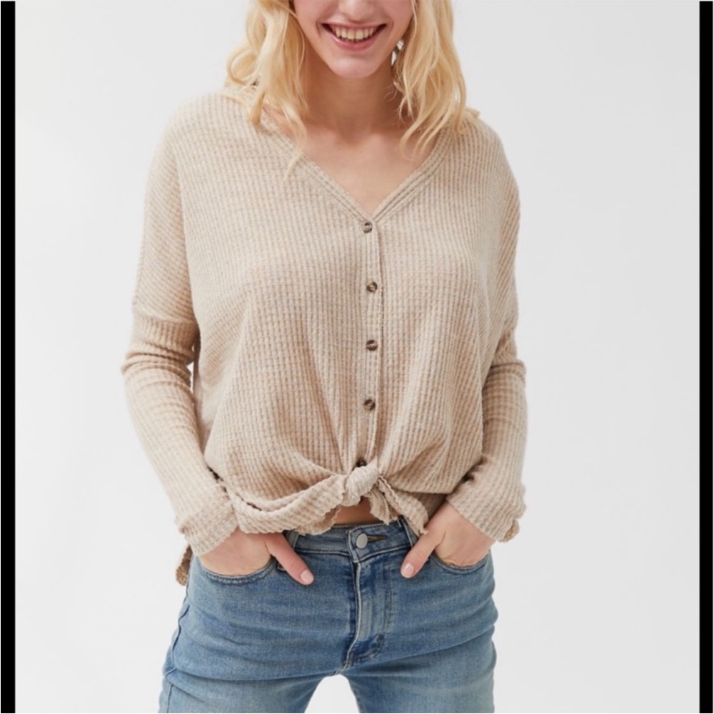 Urban Outfitters Out From Under Tie Front Thermal Top Button Up Beige